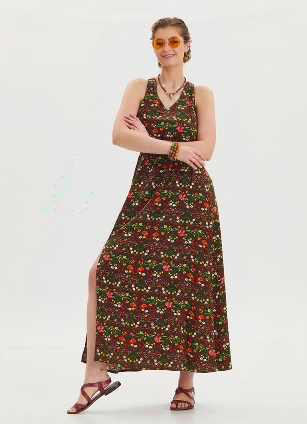 V Neck Slit Green Floral Dress 4643